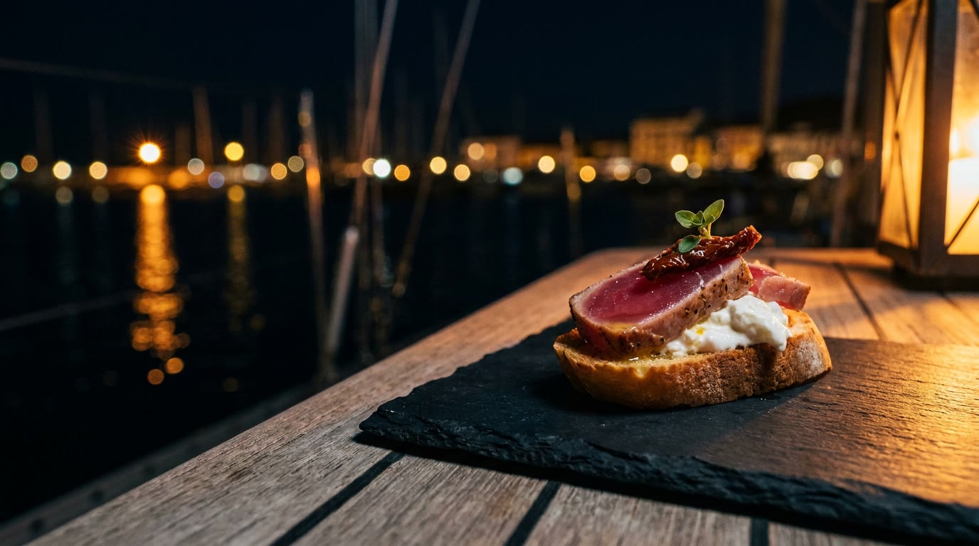 Canapé de atún a bordo al atardecer